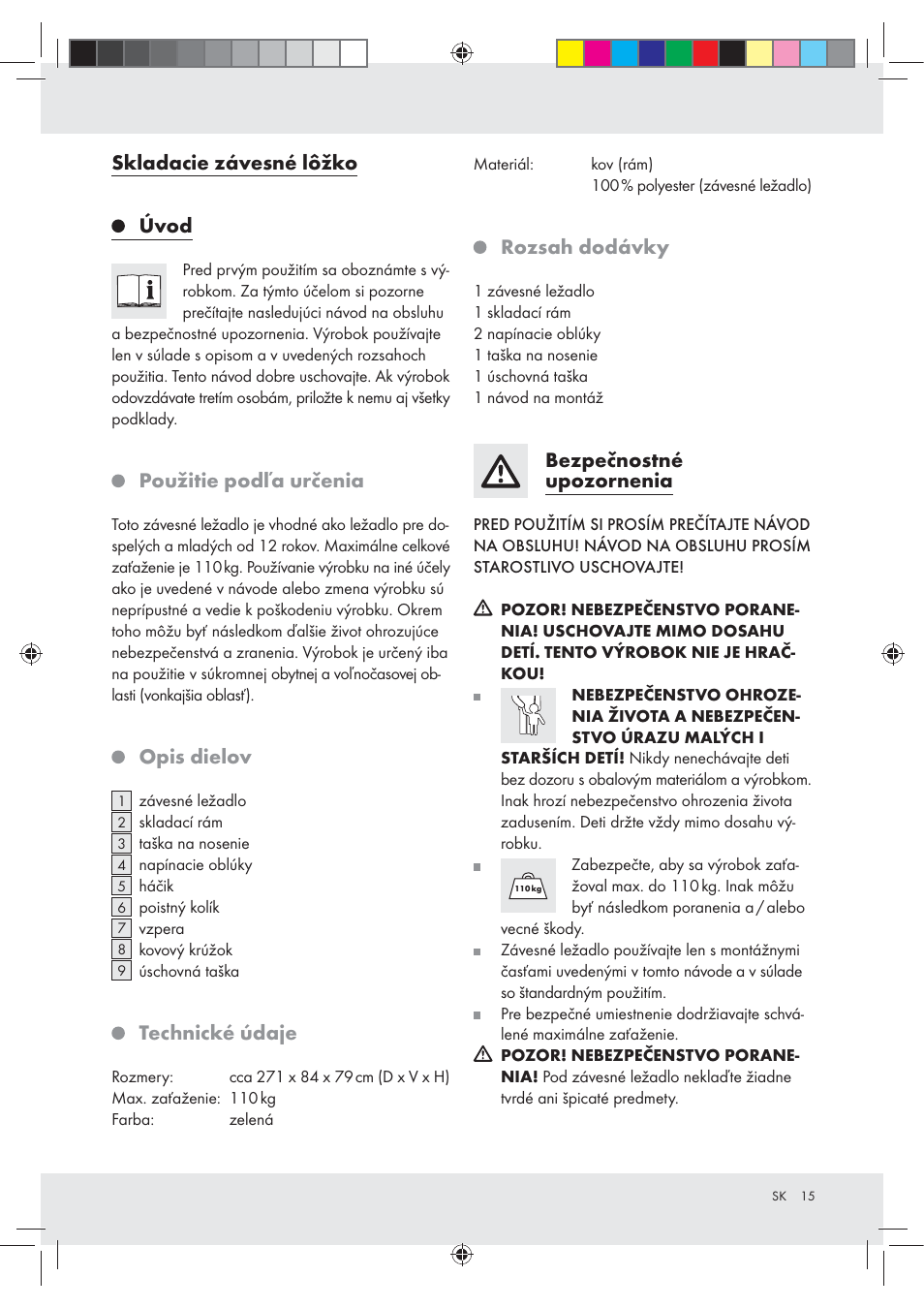 Skladacie závesné lôžko, Úvod, Použitie podľa určenia | Opis dielov, Technické údaje, Rozsah dodávky, Bezpečnostné upozornenia | Rocktrail Foldable Hammock User Manual | Page 15 / 22