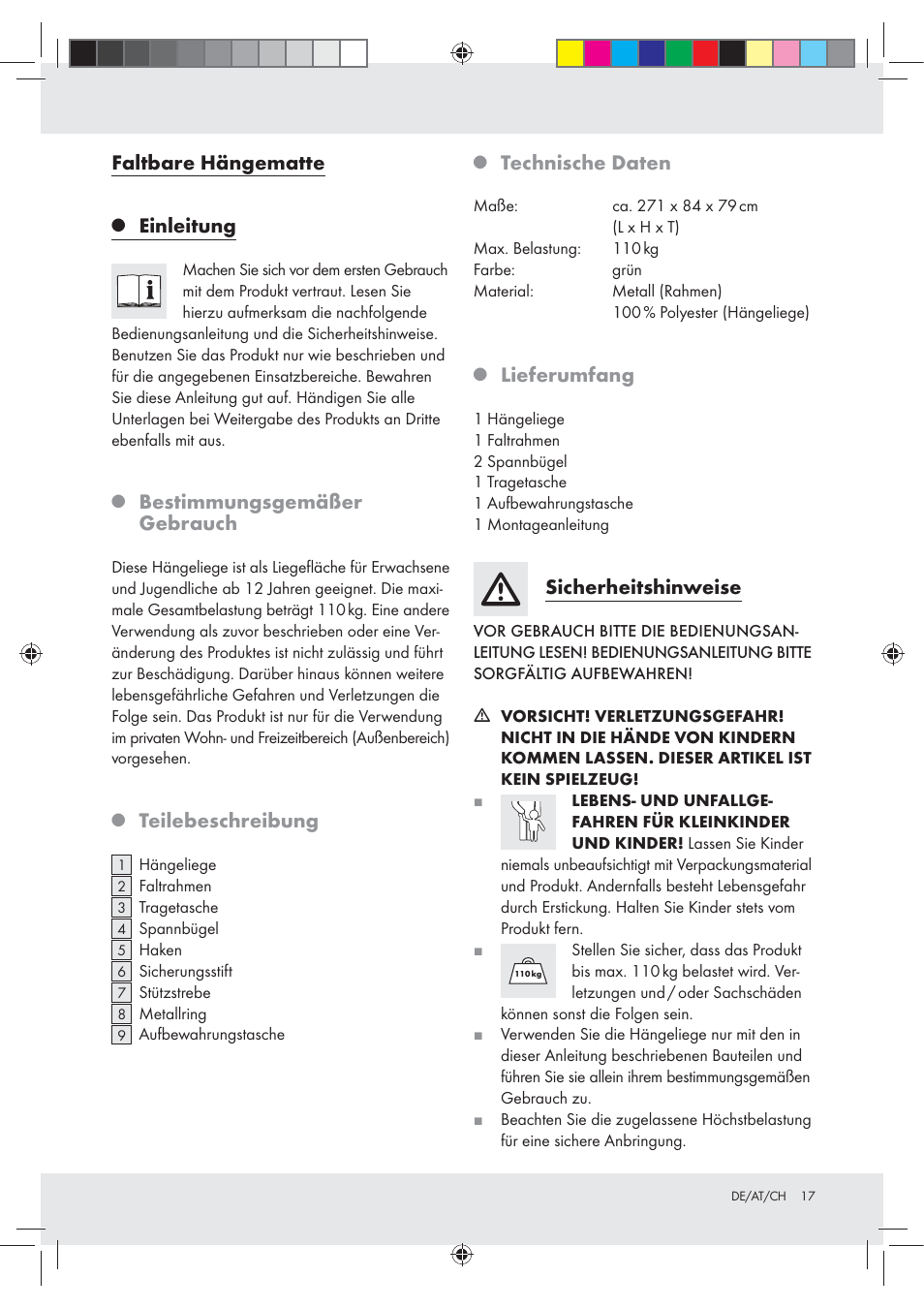 Faltbare hängematte, Einleitung, Bestimmungsgemäßer gebrauch | Teilebeschreibung, Technische daten, Lieferumfang, Sicherheitshinweise | Rocktrail Foldable Hammock User Manual | Page 17 / 22