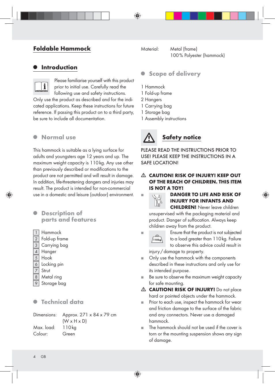 Foldable hammock, Introduction, Normal use | Description of parts and features, Technical data, Scope of delivery, Safety notice | Rocktrail Foldable Hammock User Manual | Page 4 / 22