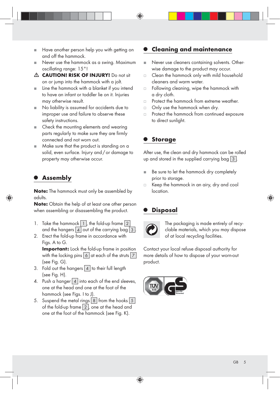 Assembly, Cleaning and maintenance, Storage | Disposal | Rocktrail Foldable Hammock User Manual | Page 5 / 22