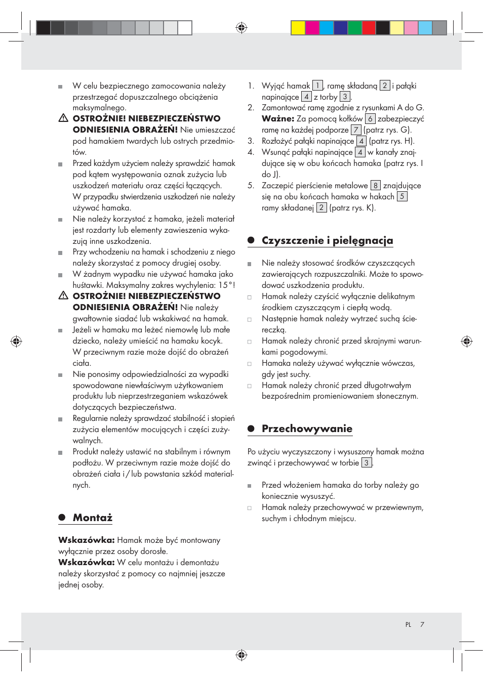 Montaż, Czyszczenie i pielęgnacja, Przechowywanie | Rocktrail Foldable Hammock User Manual | Page 7 / 22