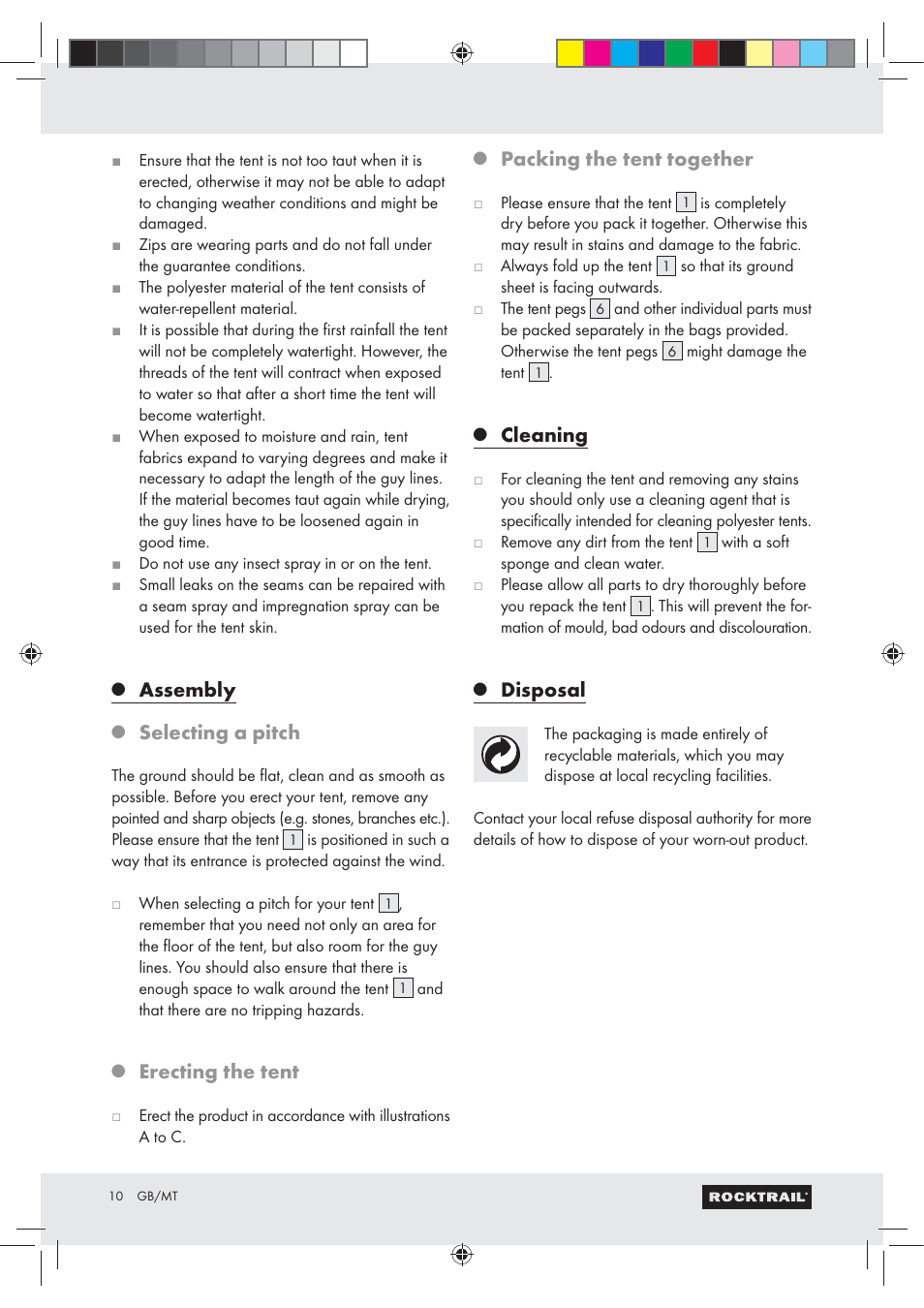 Assembly, Selecting a pitch, Erecting the tent | Packing the tent together, Cleaning, Disposal | Rocktrail Hiking Tent Z29748 User Manual | Page 10 / 15