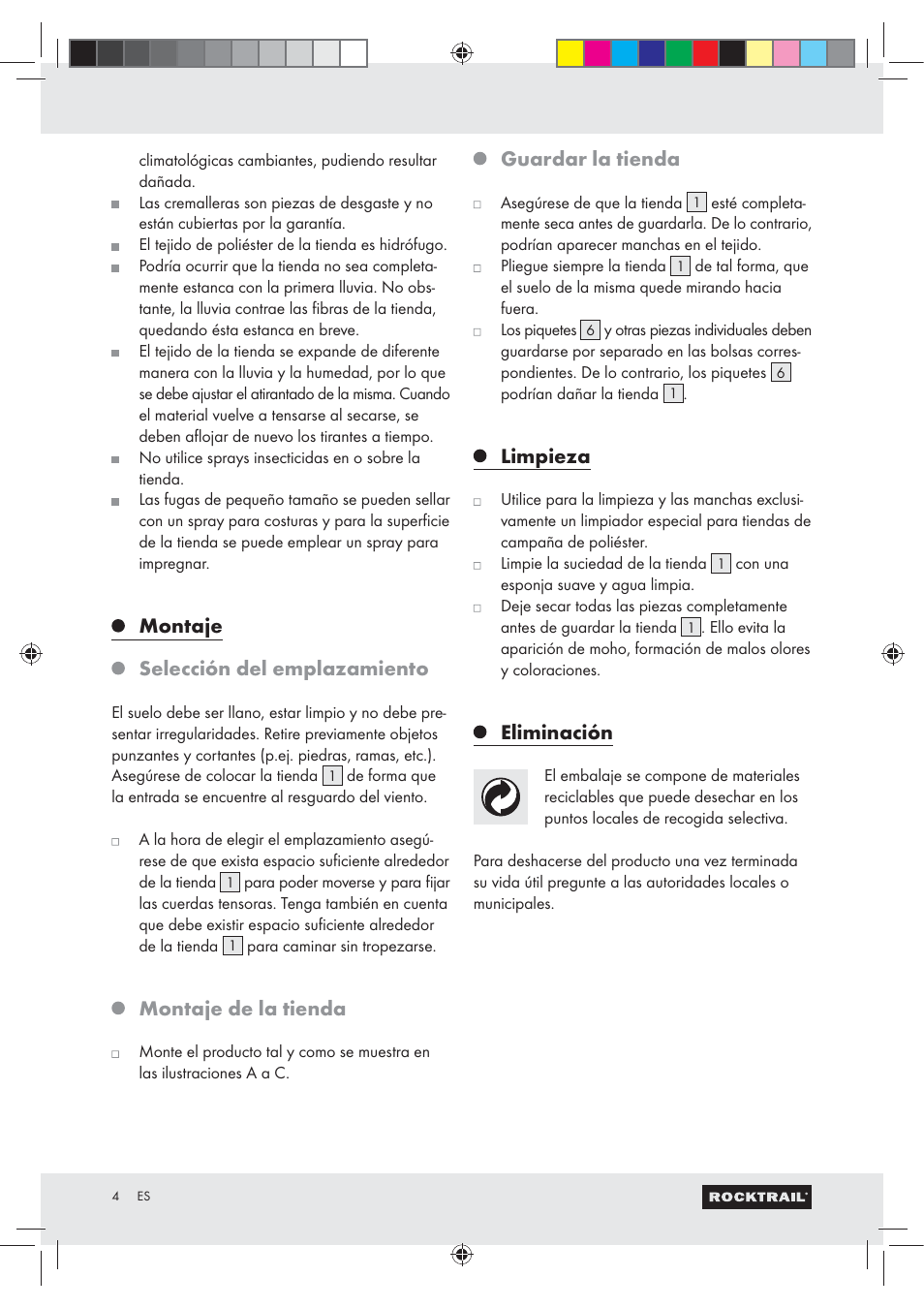 Montaje selección del emplazamiento, Montaje de la tienda, Guardar la tienda | Limpieza, Eliminación | Rocktrail Hiking Tent Z29748 User Manual | Page 4 / 15