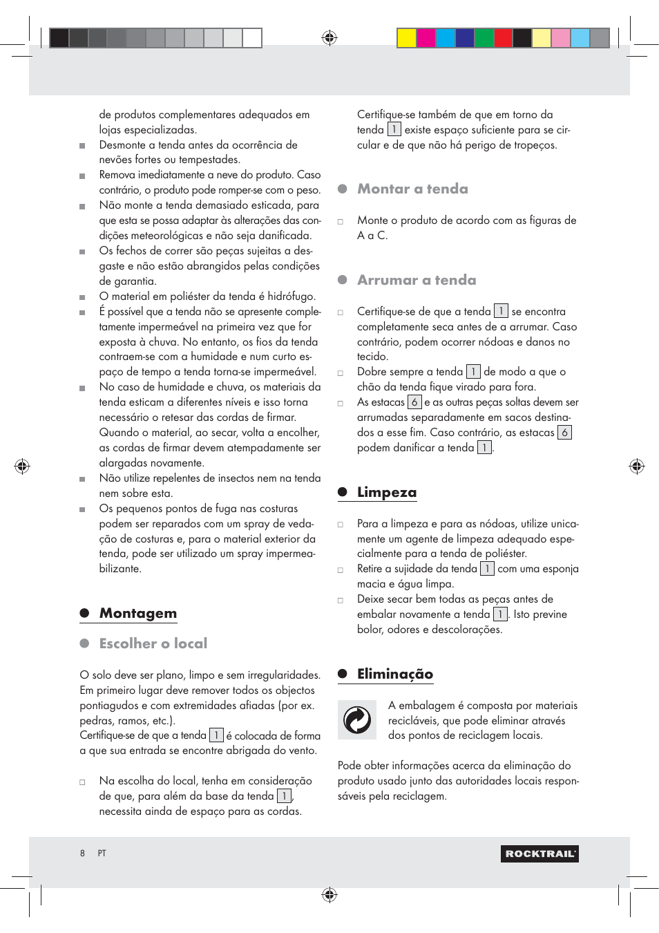 Montagem escolher o local, Montar a tenda, Arrumar a tenda | Limpeza, Eliminação | Rocktrail Hiking Tent Z29748 User Manual | Page 8 / 15
