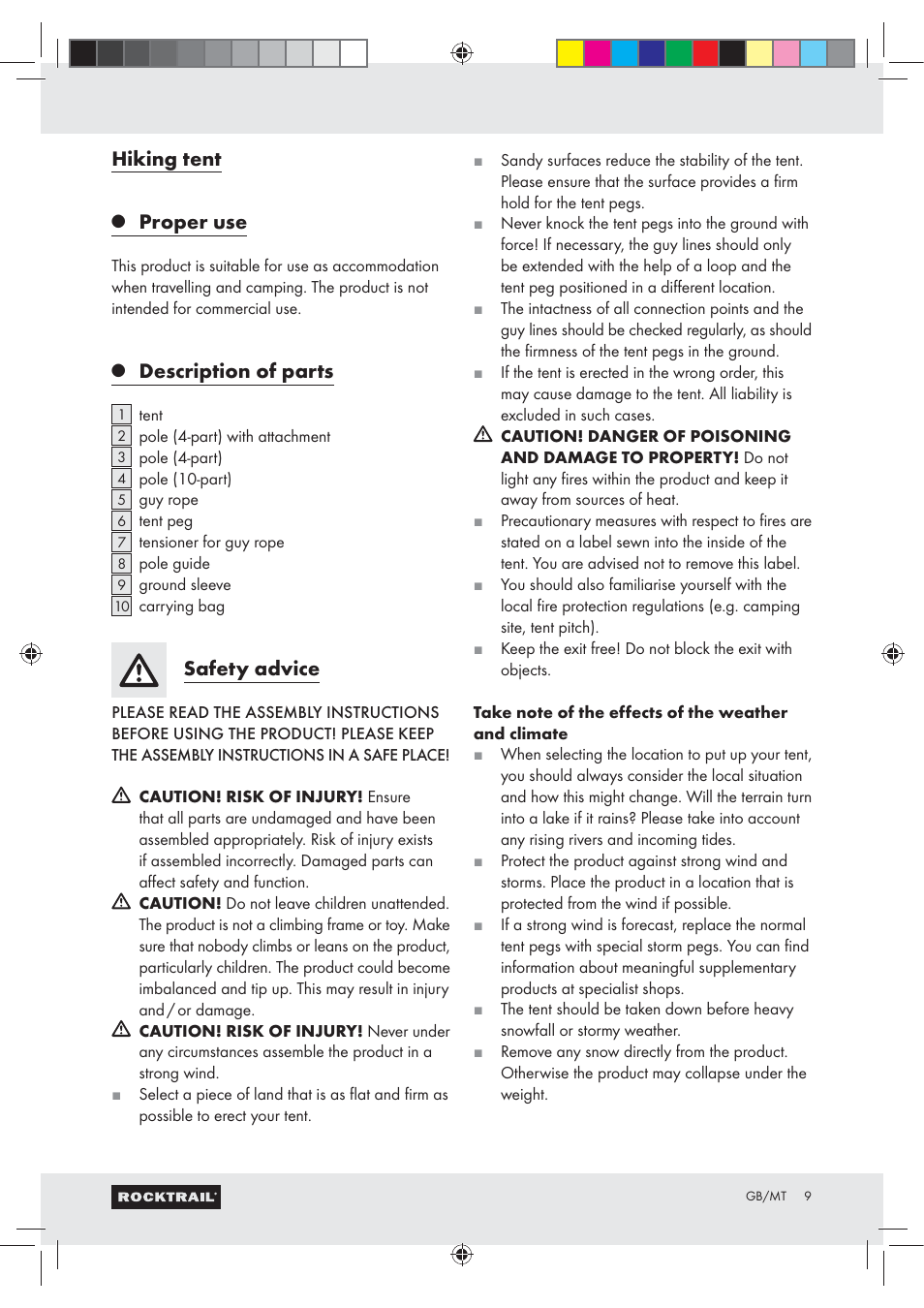 Hiking tent, Proper use, Description of parts | Safety advice | Rocktrail Hiking Tent Z29748 User Manual | Page 9 / 15