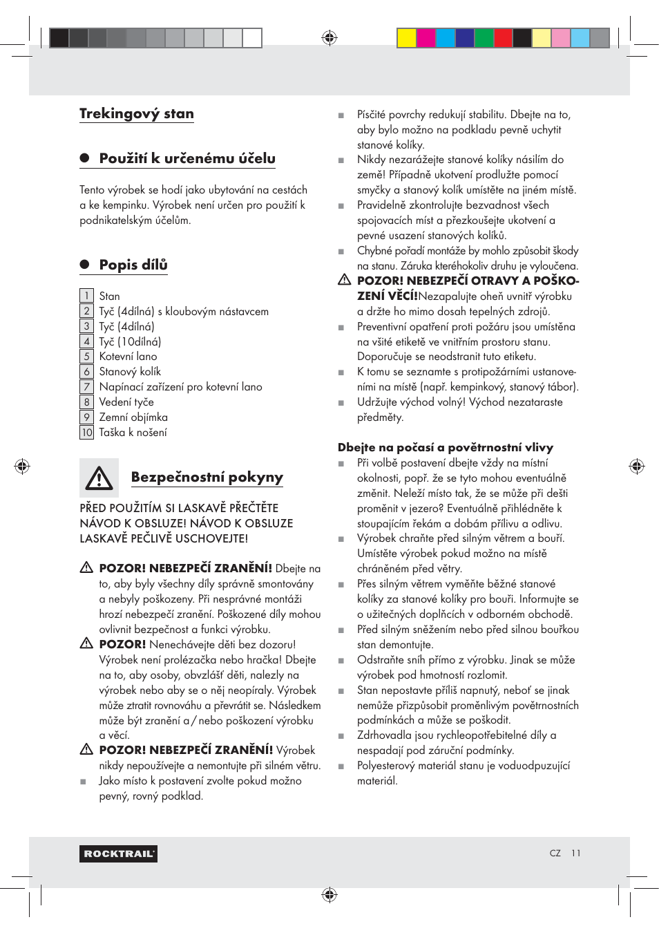 Trekingový stan, Použití k určenému účelu, Popis dílů | Bezpečnostní pokyny | Rocktrail Hiking Tent Z29748 User Manual | Page 11 / 19