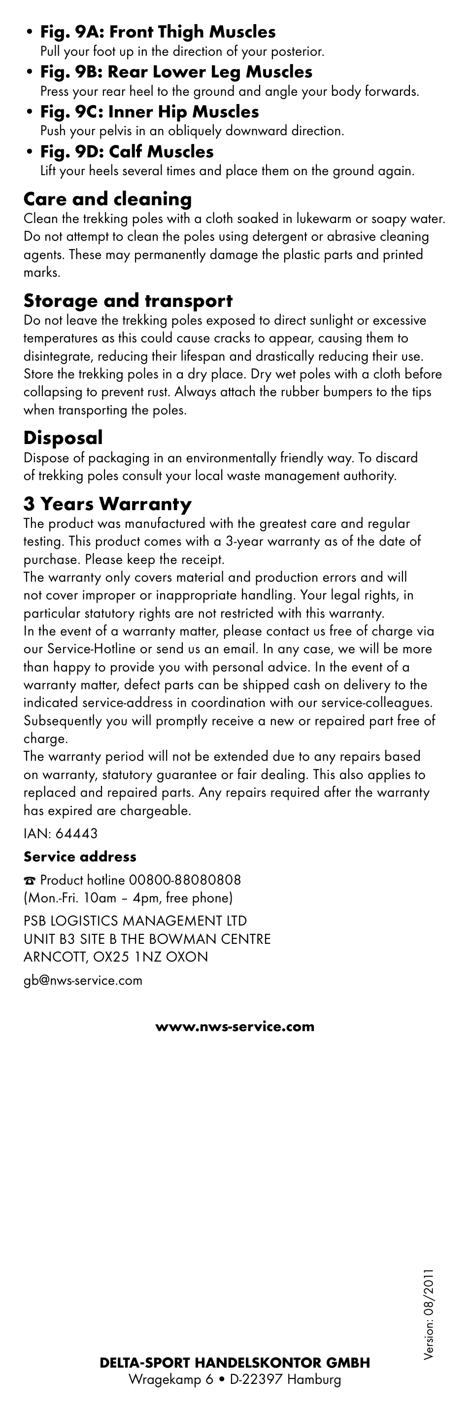 Care and cleaning, Storage and transport, Disposal | 3 years warranty | Rocktrail Carbon Trekking Stick CT-1406 User Manual | Page 4 / 4