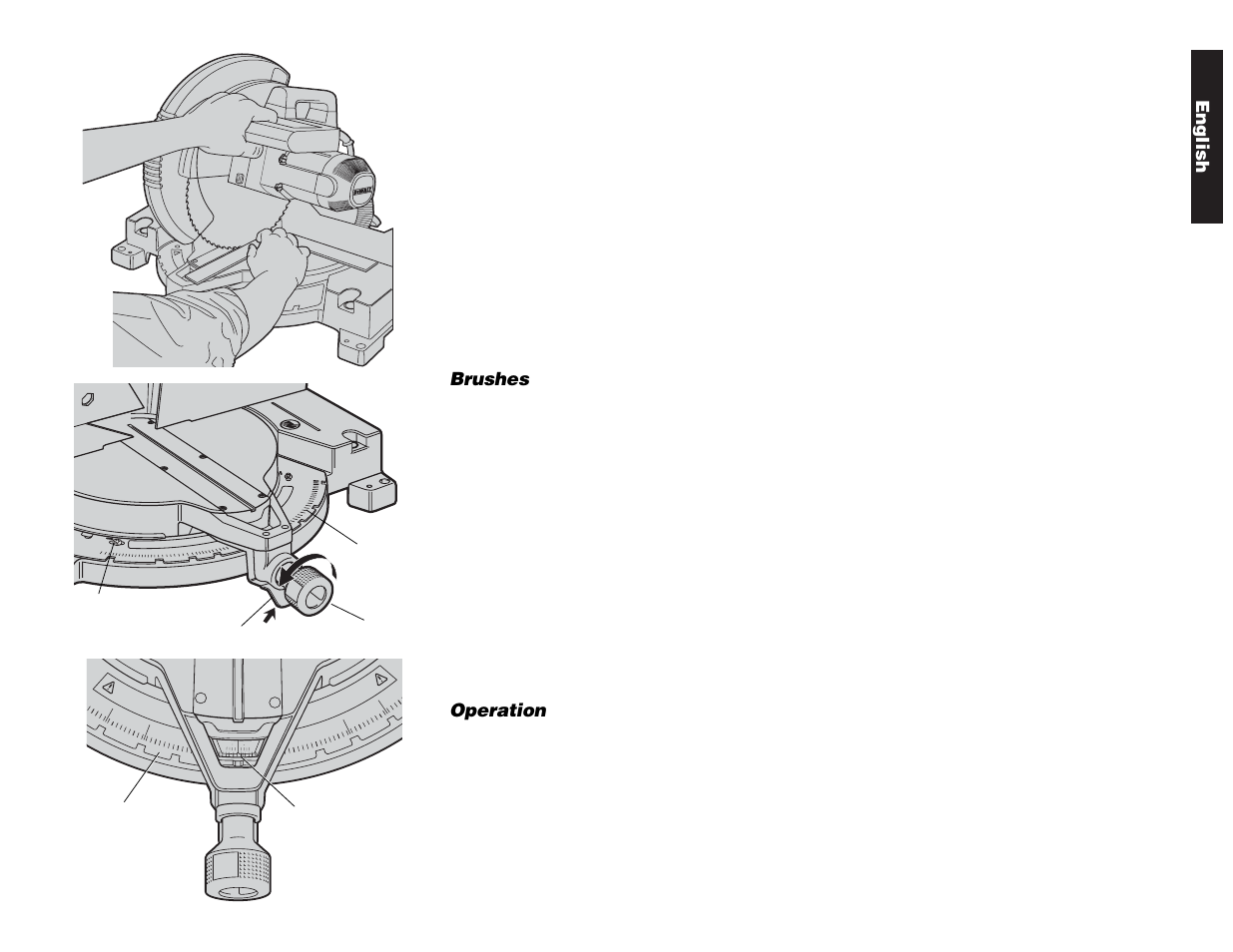 English, Brushes, Operation | DeWalt Compound Miter Saw User Manual | Page 11 / 53