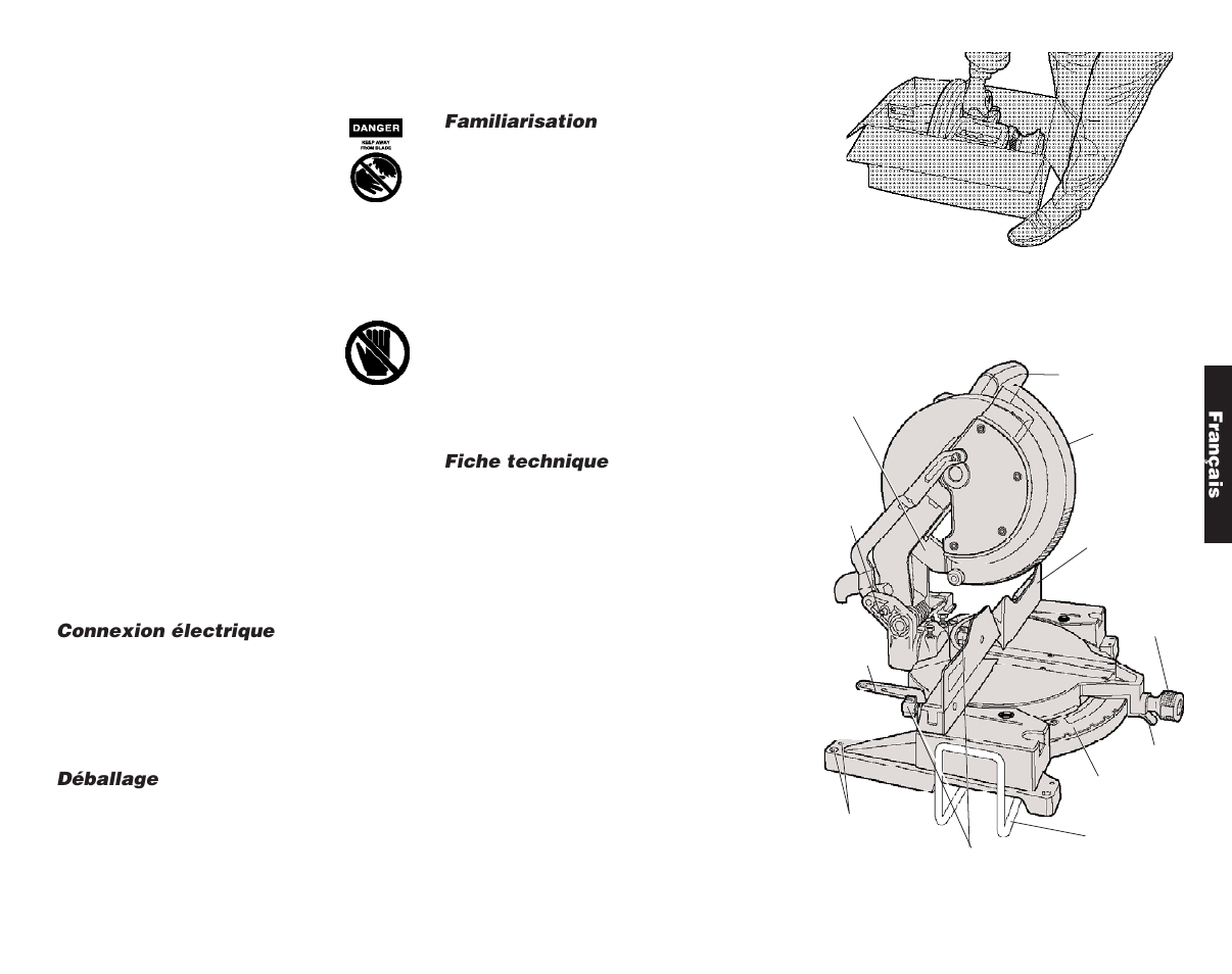 Connexion électrique, Déballage, Français | Familiarisation, Fiche technique | DeWalt Compound Miter Saw User Manual | Page 24 / 53
