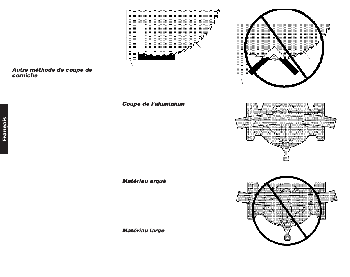 Français, Autre méthode de coupe de corniche, Coupe de l’aluminium | Matériau arqué, Matériau large | DeWalt Compound Miter Saw User Manual | Page 35 / 53