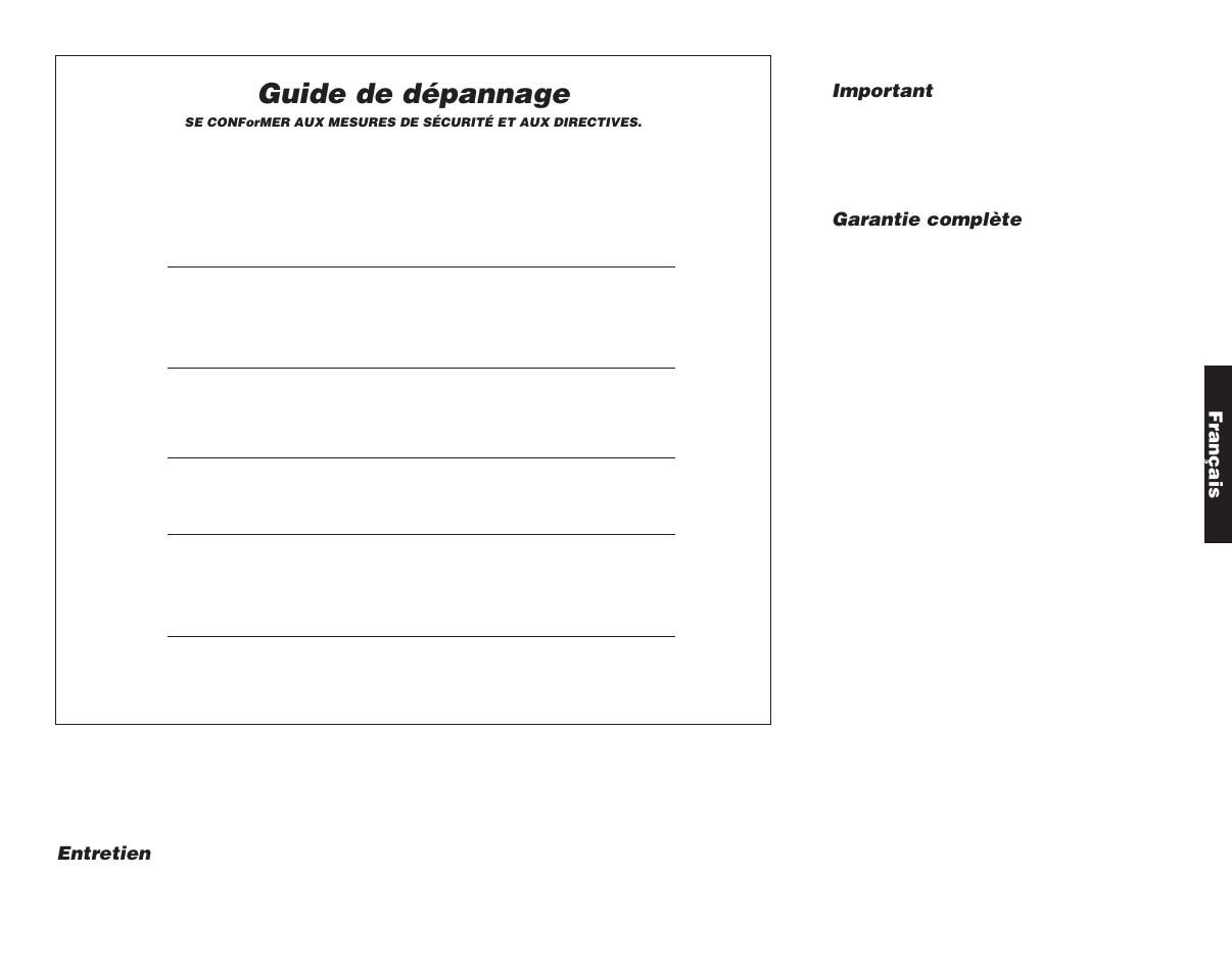 Guide de dépannage, Français, Entretien | Important, Garantie complète | DeWalt Compound Miter Saw User Manual | Page 36 / 53