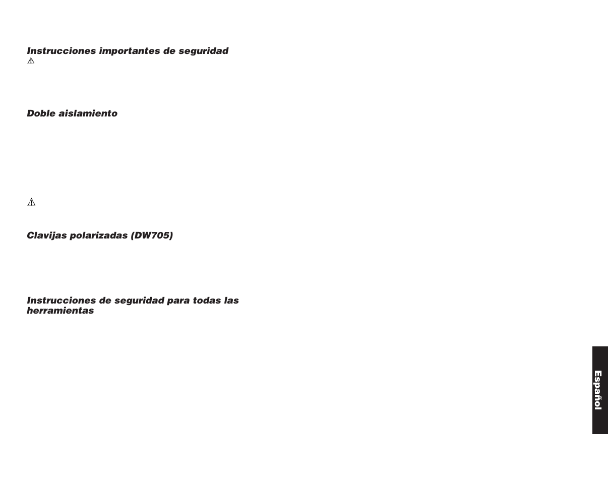 Instrucciones importantes de seguridad, Doble aislamiento, Clavijas polarizadas (dw705) | Español | DeWalt Compound Miter Saw User Manual | Page 39 / 53