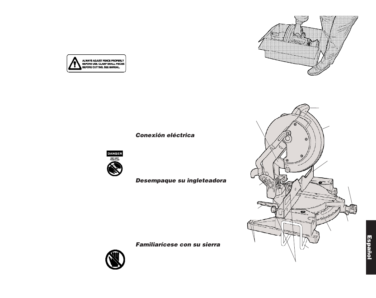 Español, Conexión eléctrica, Desempaque su ingleteadora | Familiarícese con su sierra | DeWalt Compound Miter Saw User Manual | Page 41 / 53