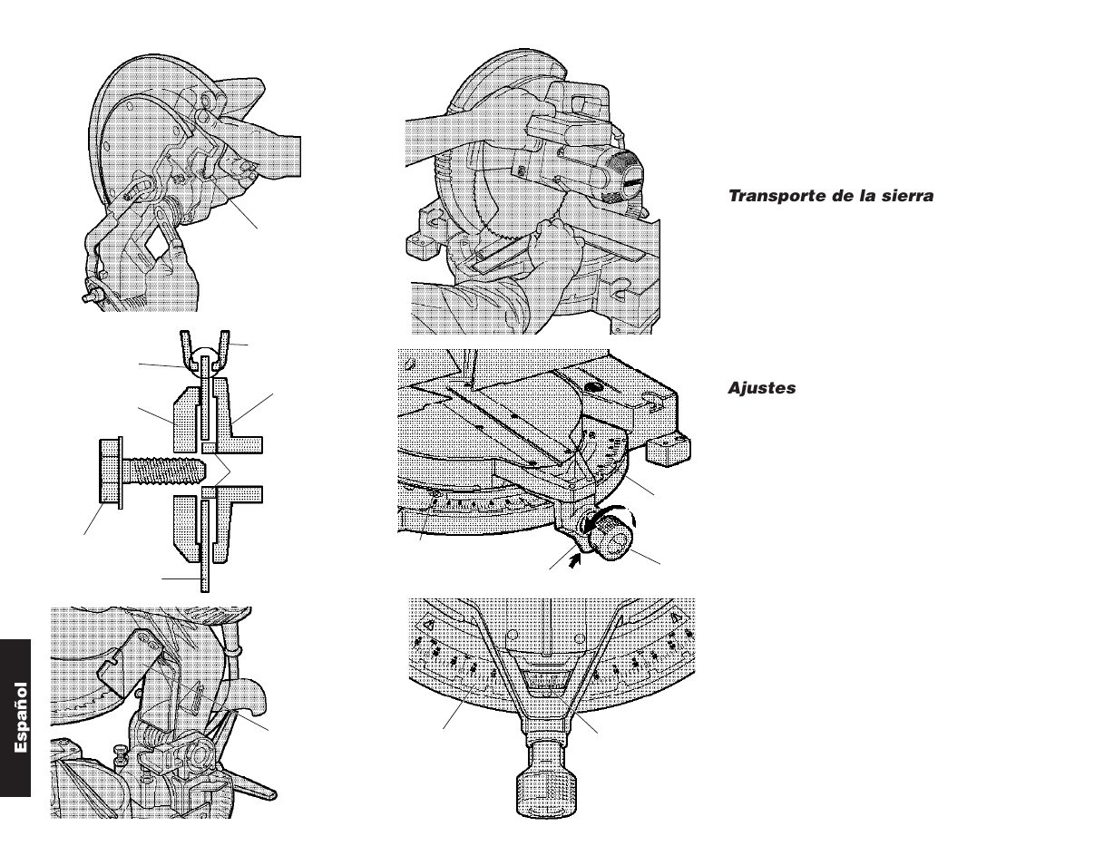 Español, Transporte de la sierra, Ajustes | DeWalt Compound Miter Saw User Manual | Page 44 / 53