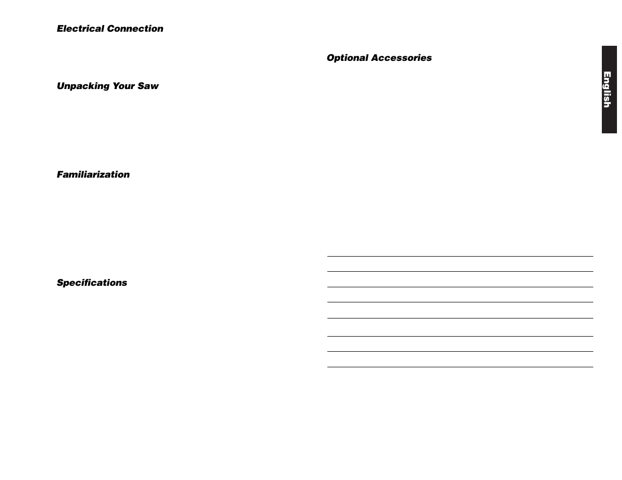 English, Electrical connection, Unpacking your saw | Familiarization, Specifications, Optional accessories | DeWalt Compound Miter Saw User Manual | Page 7 / 53