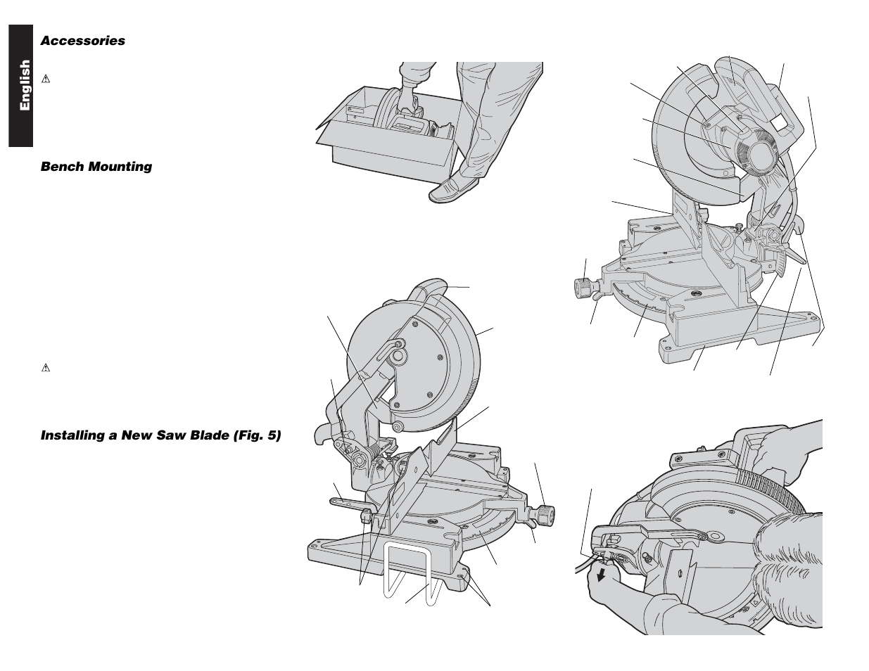English, Accessories, Bench mounting | Installing a new saw blade (fig. 5) | DeWalt Compound Miter Saw User Manual | Page 8 / 53