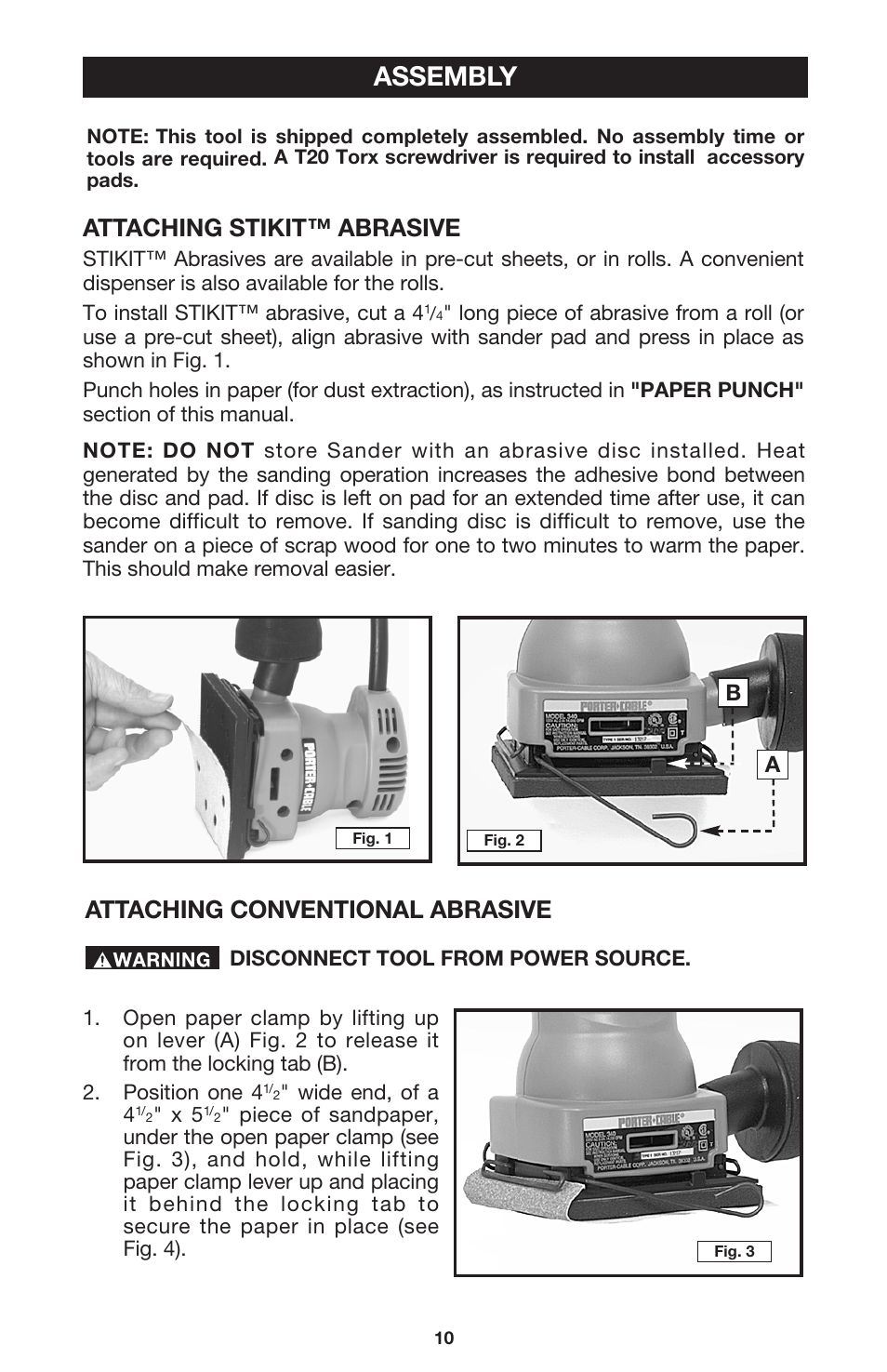 Assembly, Attaching stikit™ abrasive, Attaching conventional abrasive | DeWalt 340 User Manual | Page 10 / 52