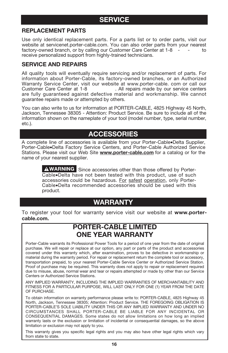 Porter-cable limited one year warranty, Warranty accessories service | DeWalt 340 User Manual | Page 16 / 52