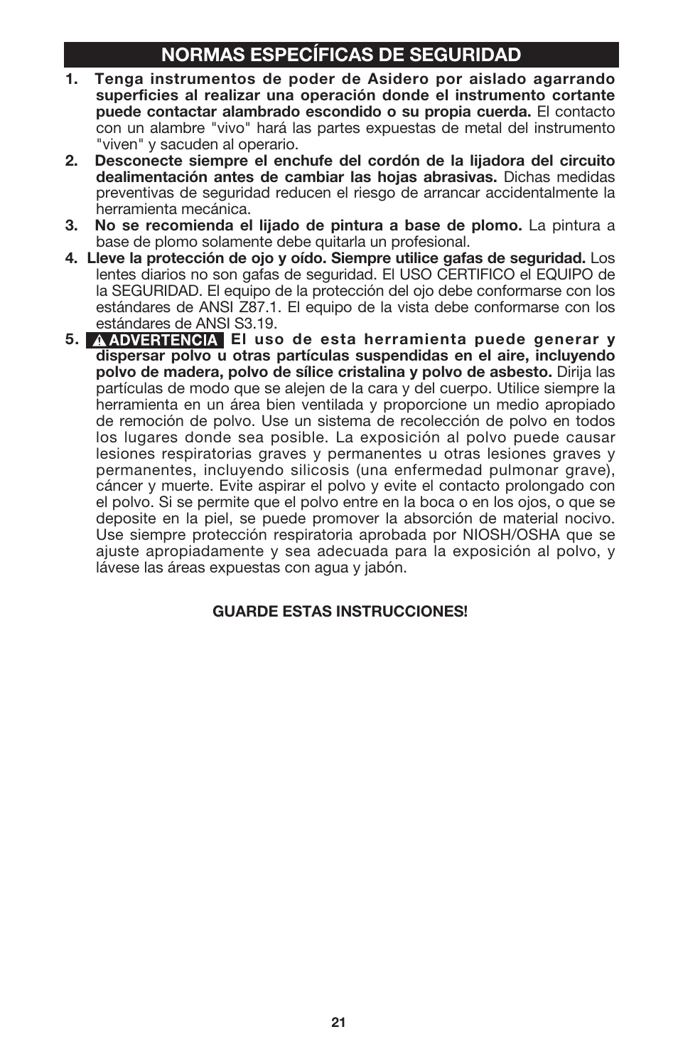 Normas específicas de seguridad | DeWalt 340 User Manual | Page 21 / 52
