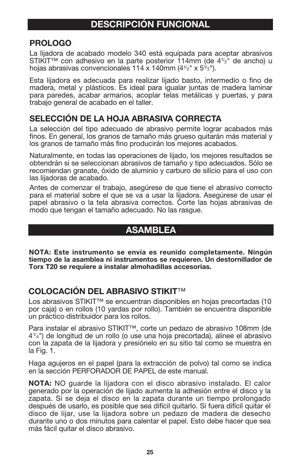 Asamblea, Descripción funcional, Prologo | Selección de la hoja abrasiva correcta, Colocación del abrasivo stikit | DeWalt 340 User Manual | Page 25 / 52