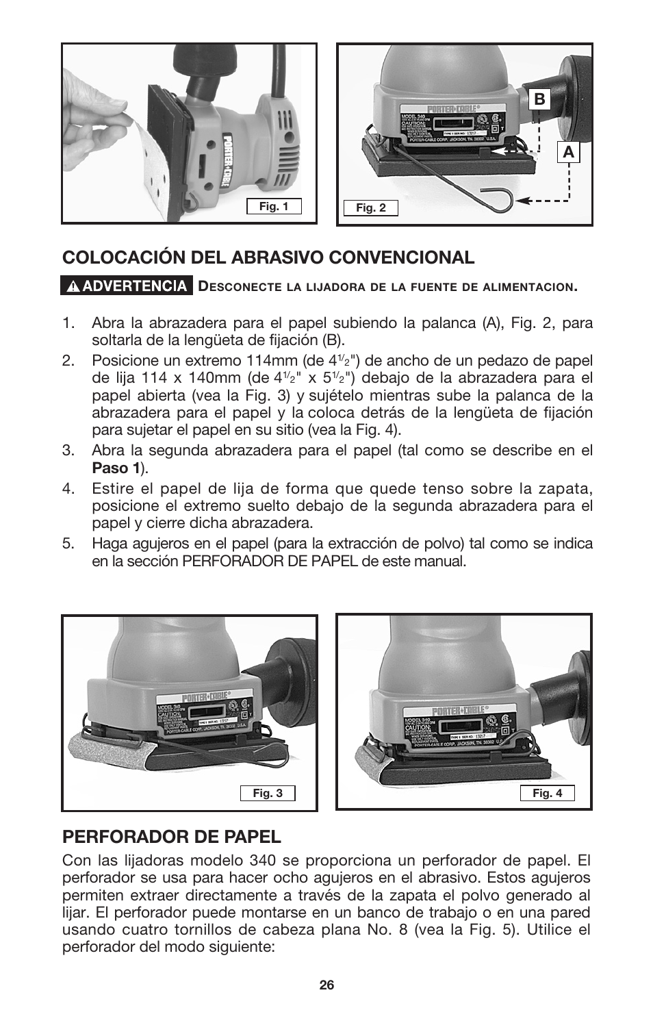 Colocación del abrasivo convencional, Perforador de papel | DeWalt 340 User Manual | Page 26 / 52