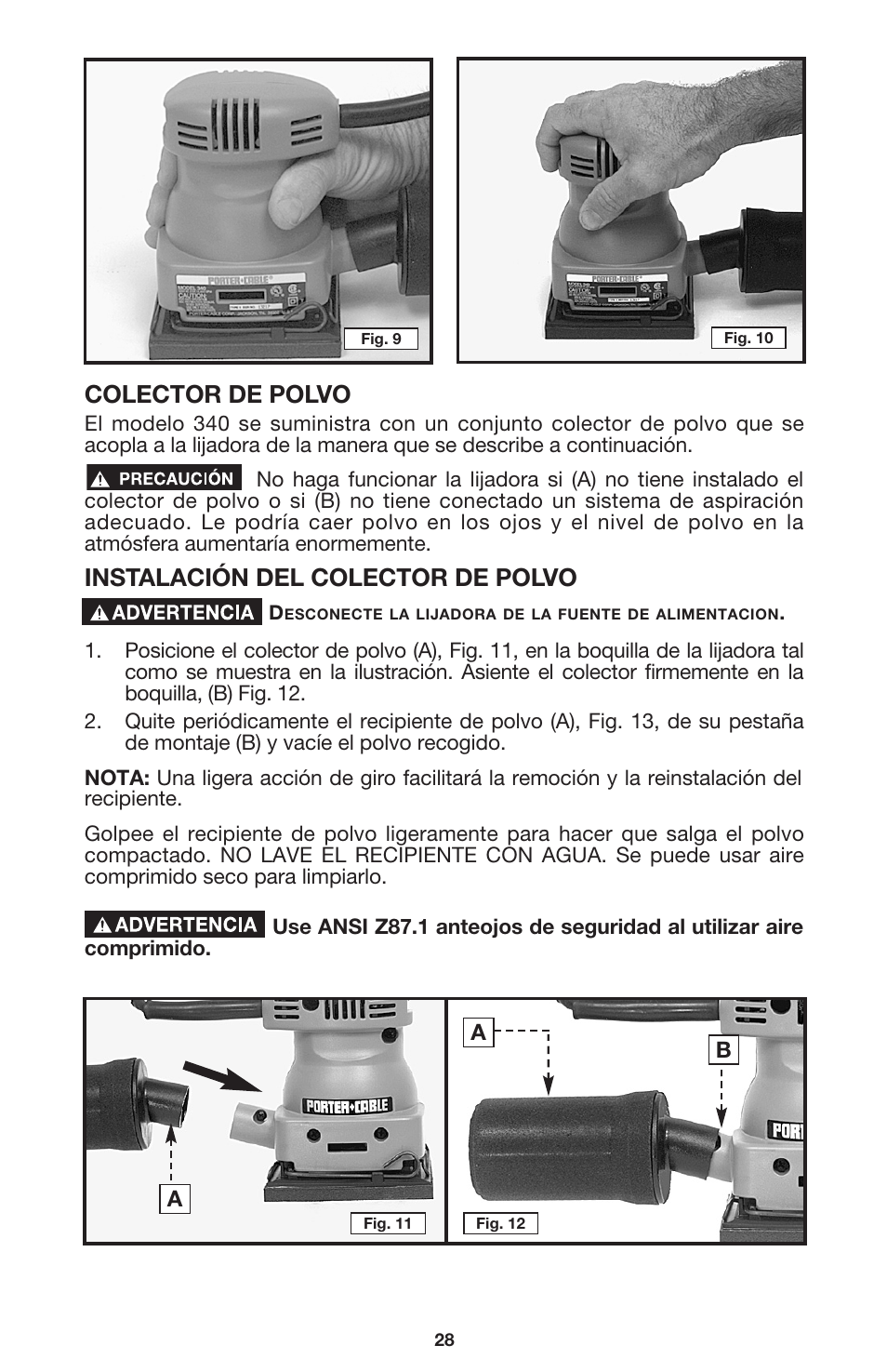 Colector de polvo, Instalación del colector de polvo | DeWalt 340 User Manual | Page 28 / 52