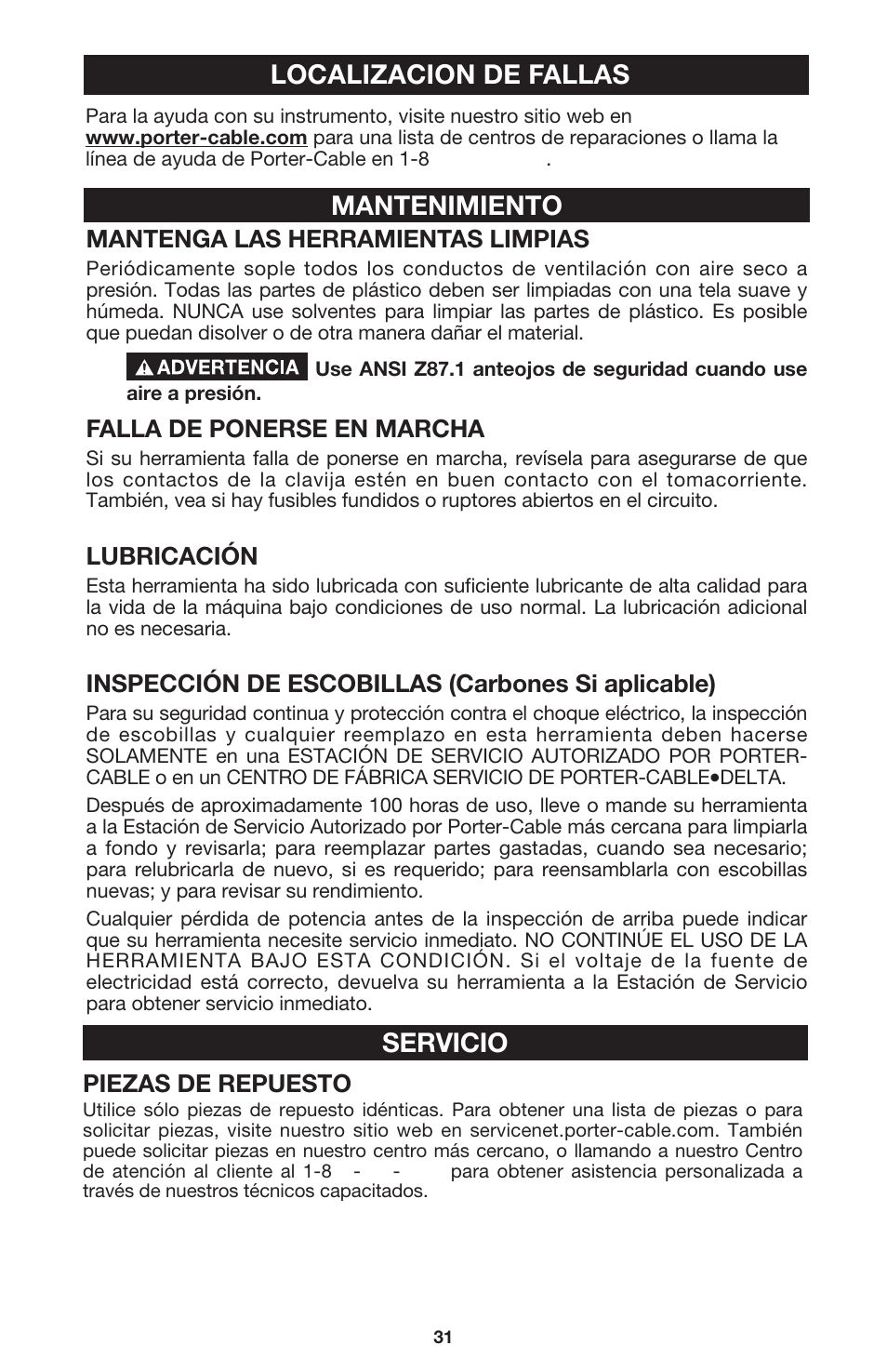 Mantenimiento localizacion de fallas servicio | DeWalt 340 User Manual | Page 31 / 52