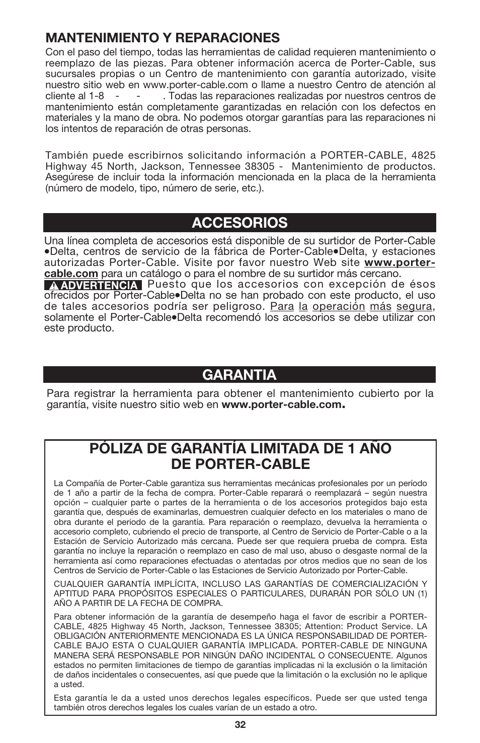 Accesorios garantia, Mantenimiento y reparaciones | DeWalt 340 User Manual | Page 32 / 52