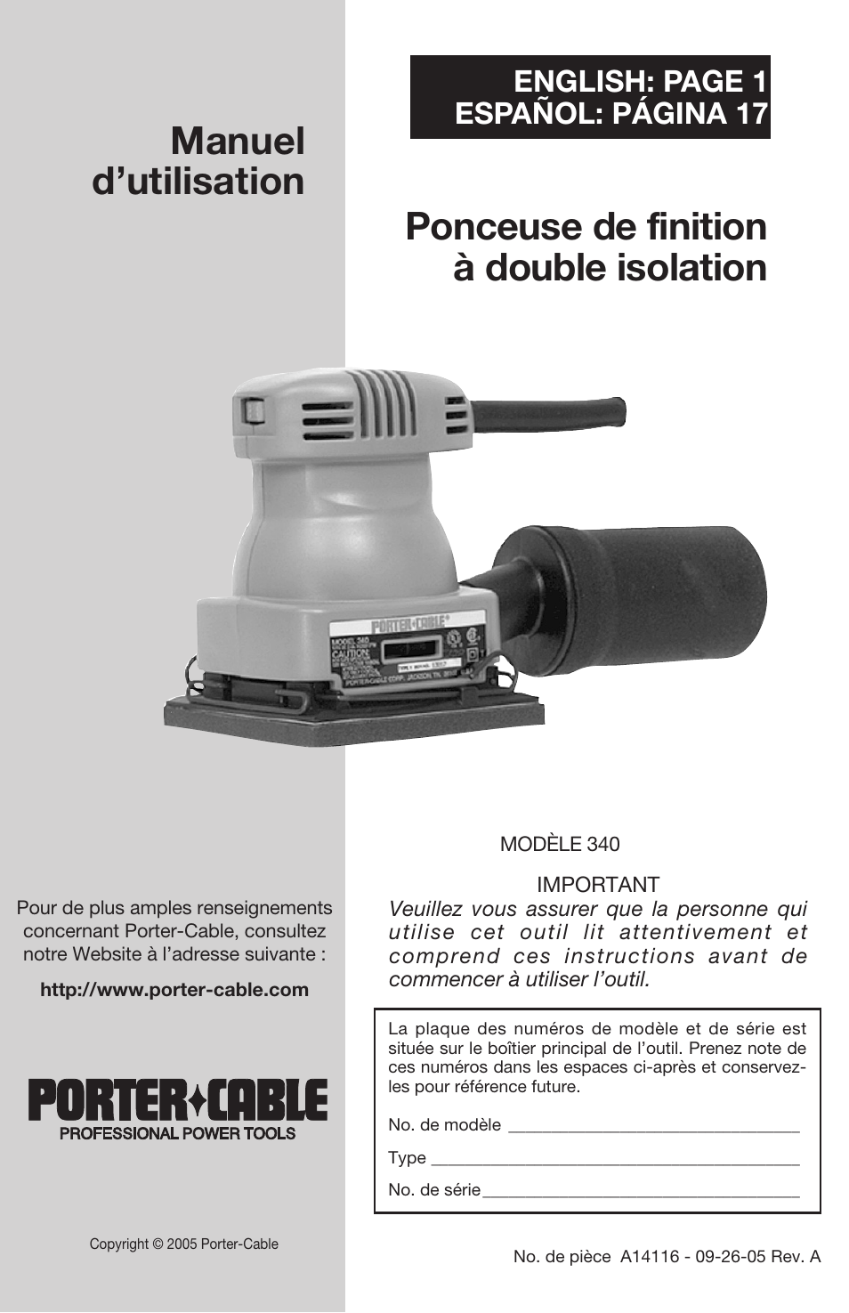 Manuel d’utilisation, Ponceuse de finition à double isolation, English: page 1 español: página 17 | DeWalt 340 User Manual | Page 33 / 52
