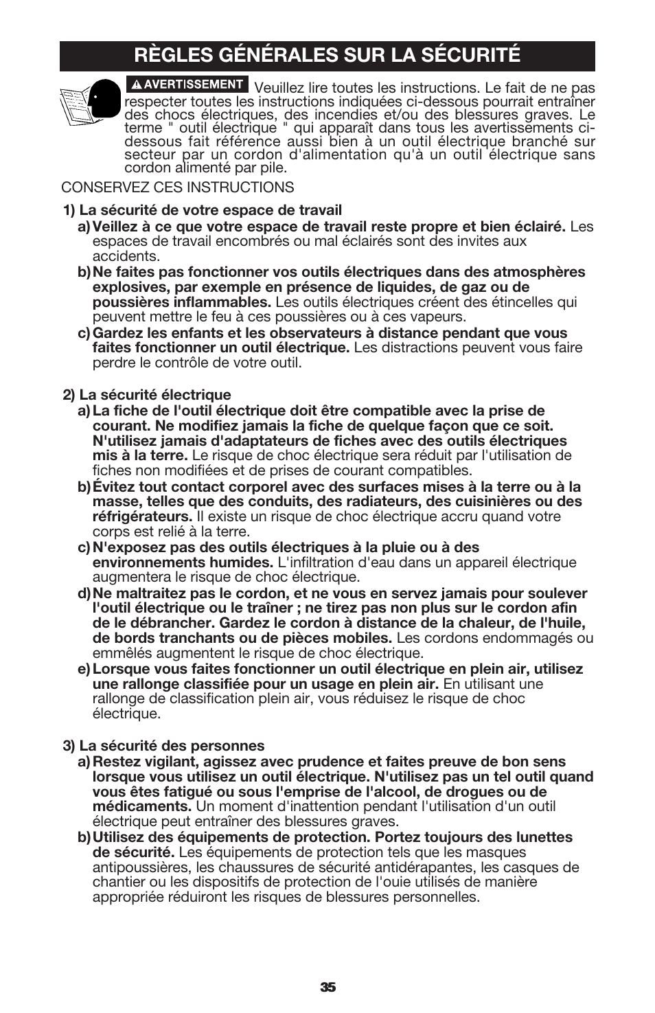 Règles générales sur la sécurité | DeWalt 340 User Manual | Page 35 / 52