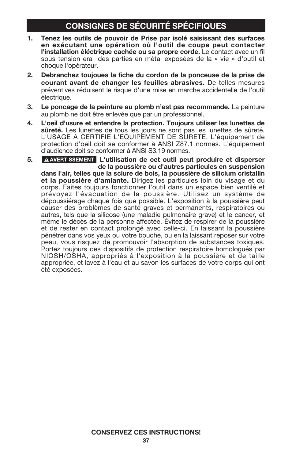 Consignes de sécurité spécifiques | DeWalt 340 User Manual | Page 37 / 52
