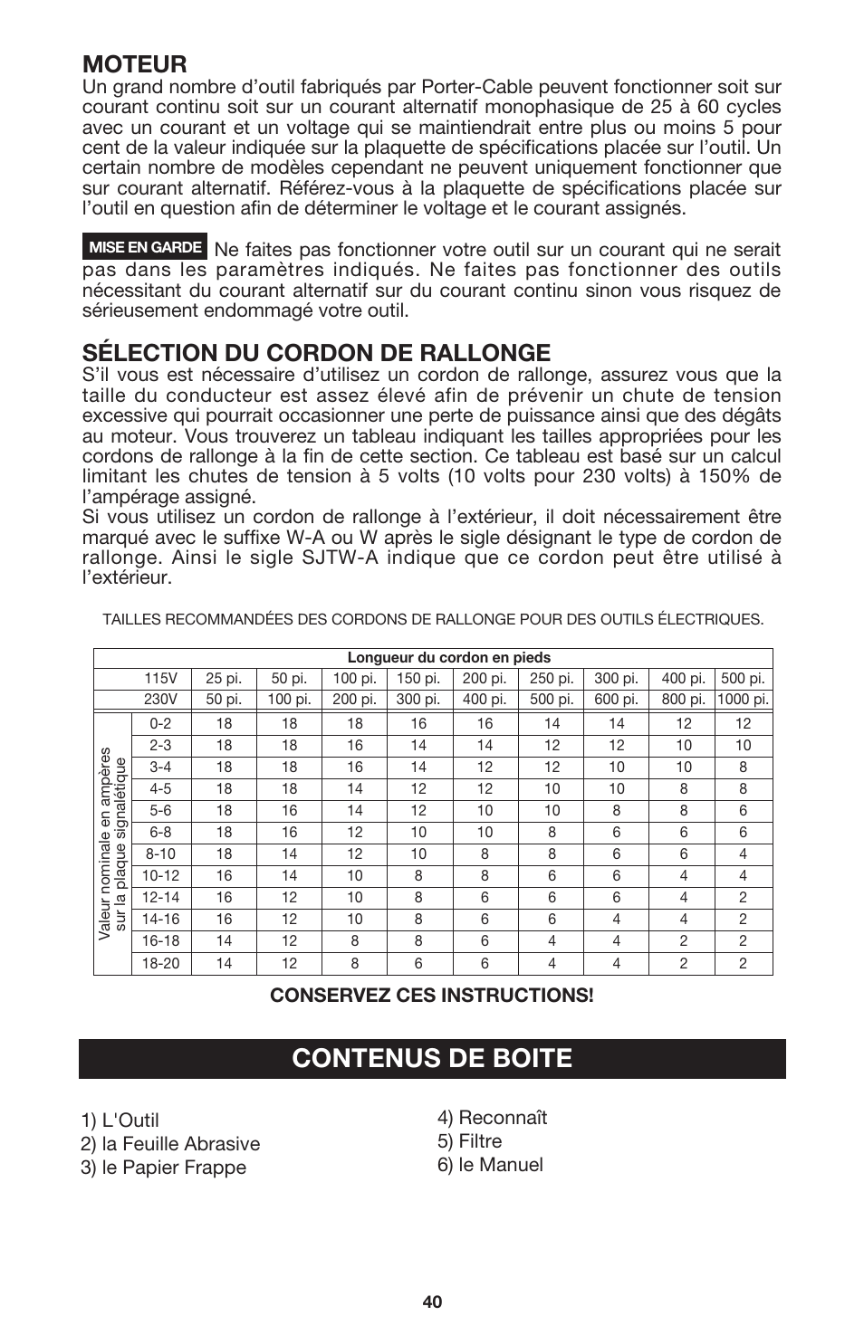 Contenus de boite, Moteur, Sélection du cordon de rallonge | DeWalt 340 User Manual | Page 40 / 52
