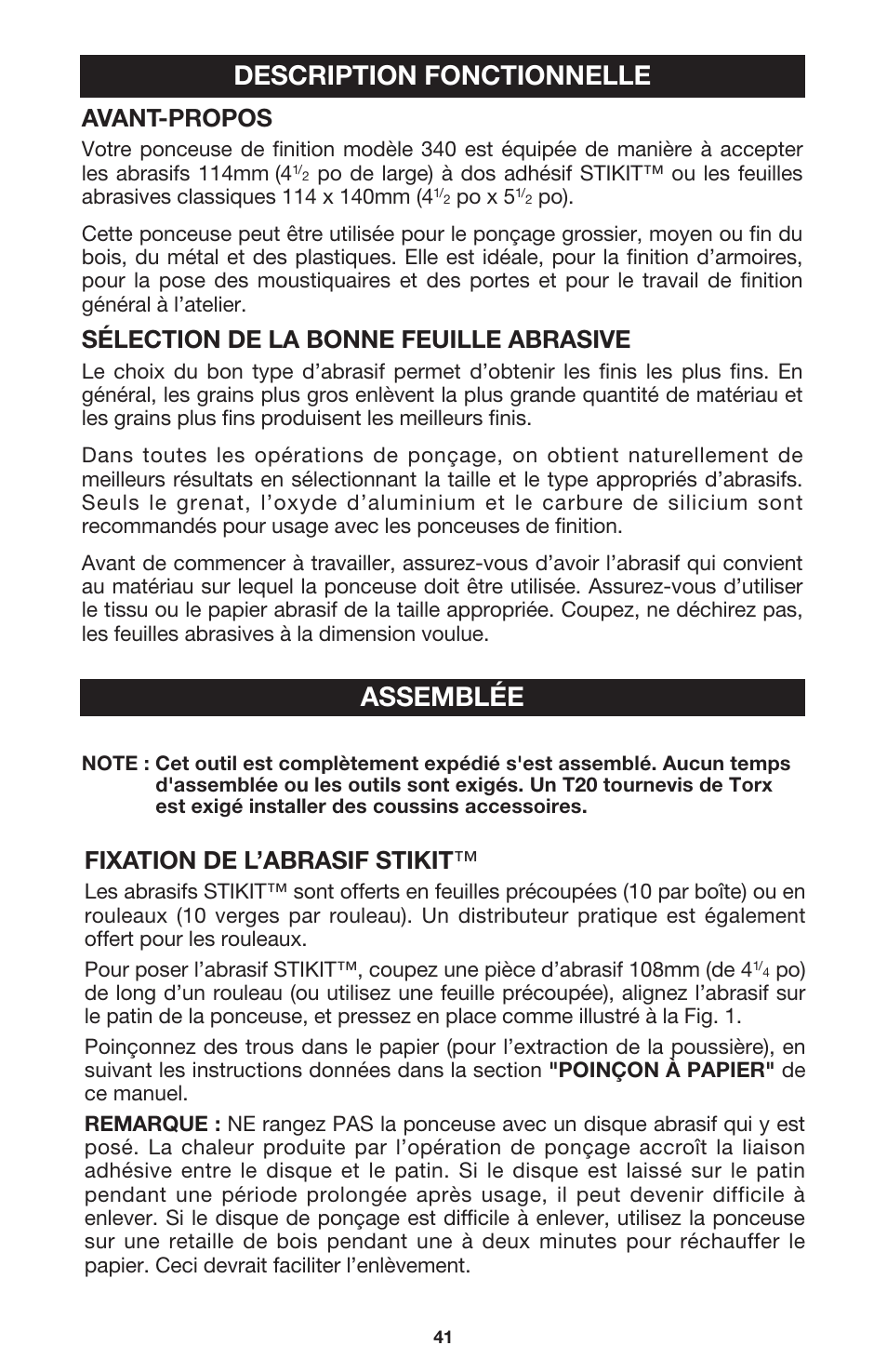 Assemblée, Description fonctionnelle, Avant-propos | Sélection de la bonne feuille abrasive, Fixation de l’abrasif stikit | DeWalt 340 User Manual | Page 41 / 52
