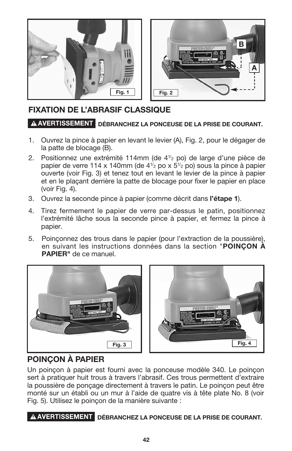 Fixation de l’abrasif classique, Poinçon à papier | DeWalt 340 User Manual | Page 42 / 52