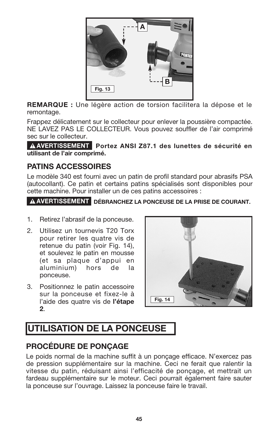 Utilisation de la ponceuse, Patins accessoires, Procédure de ponçage | DeWalt 340 User Manual | Page 45 / 52