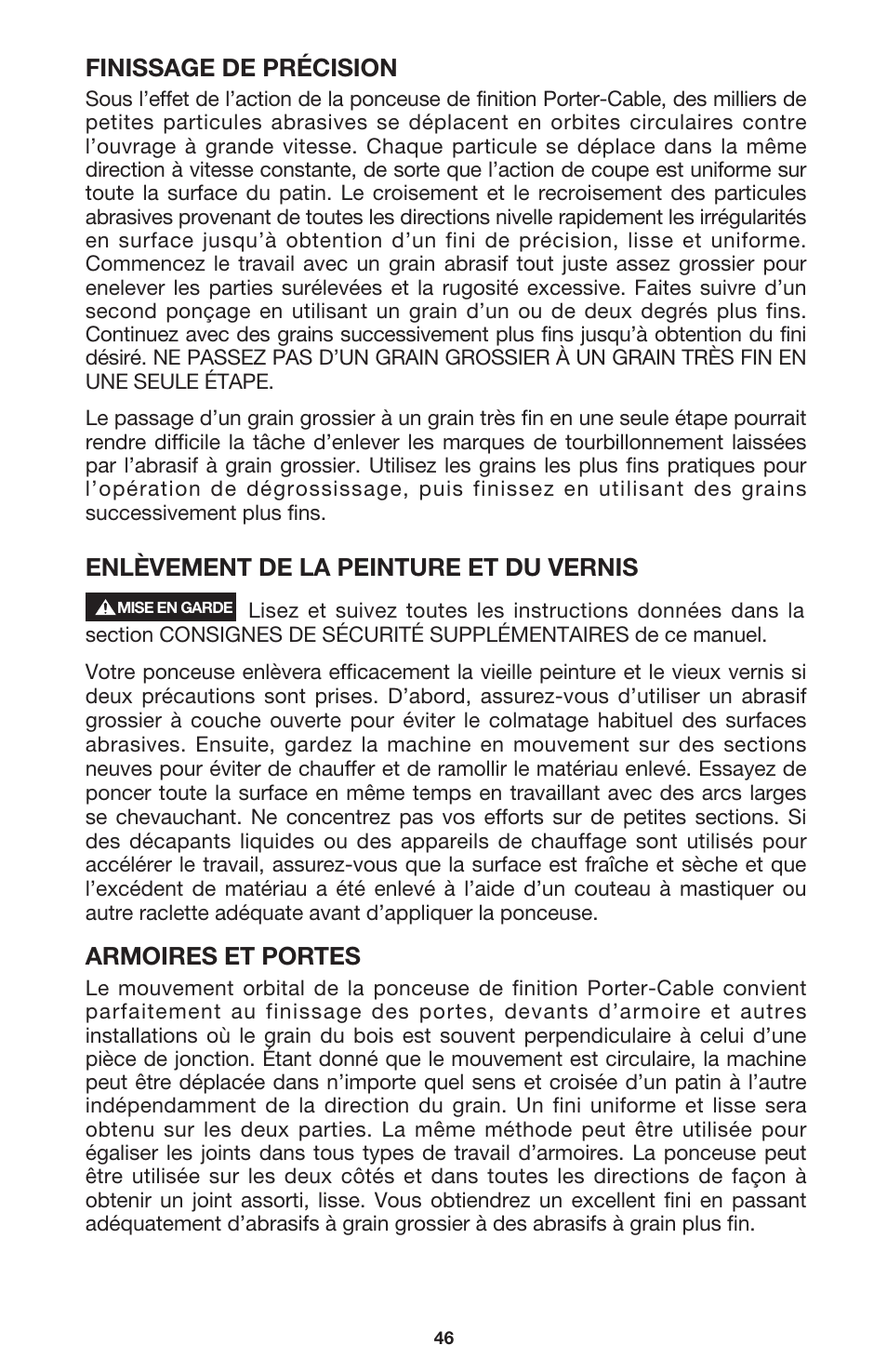 Finissage de précision, Enlèvement de la peinture et du vernis, Armoires et portes | DeWalt 340 User Manual | Page 46 / 52