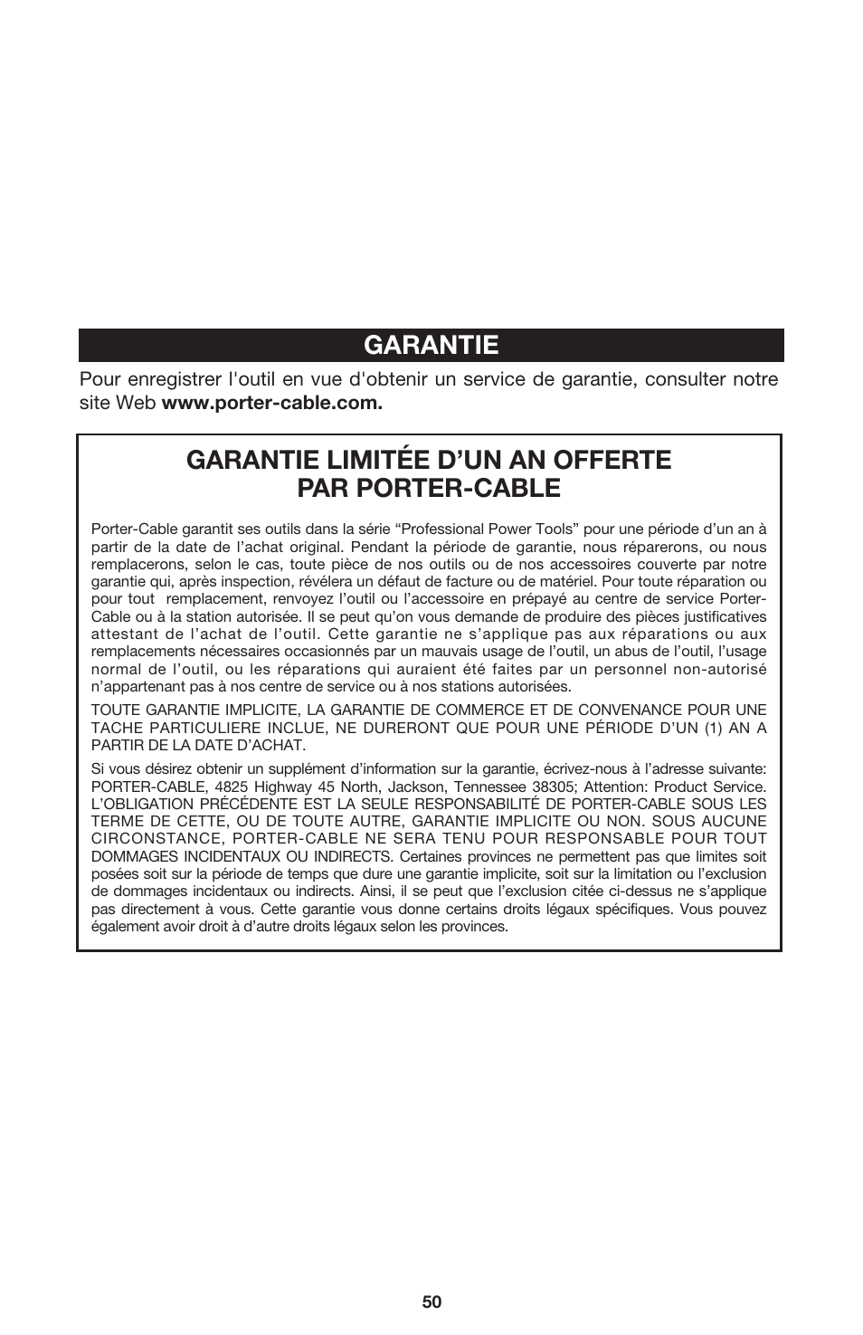 Garantie limitée d’un an offerte par porter-cable, Garantie | DeWalt 340 User Manual | Page 50 / 52