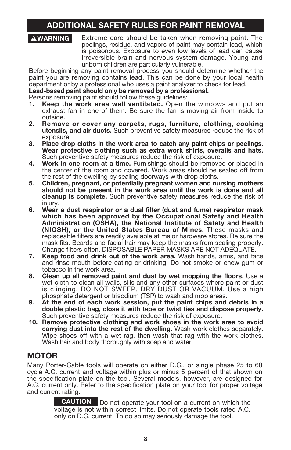 Motor, Additional safety rules for paint removal | DeWalt 340 User Manual | Page 8 / 52