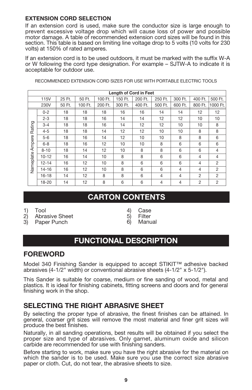 Functional description carton contents, Foreword, Selecting the right abrasive sheet | DeWalt 340 User Manual | Page 9 / 52