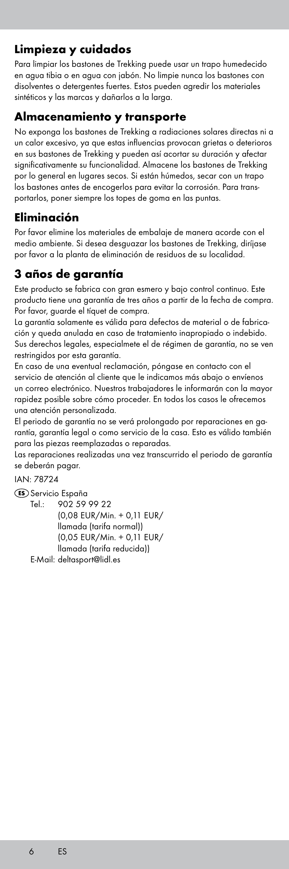 Limpieza y cuidados, Almacenamiento y transporte, Eliminación | 3 años de garantía | Rocktrail Aluminium Hiking Poles User Manual | Page 6 / 20