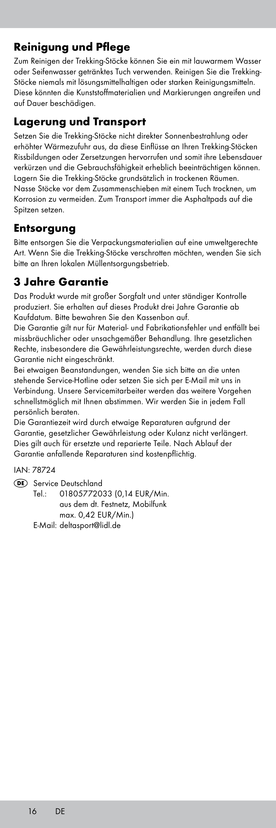 Reinigung und pflege, Lagerung und transport, Entsorgung | 3 jahre garantie | Rocktrail Aluminium Hiking Poles User Manual | Page 16 / 20