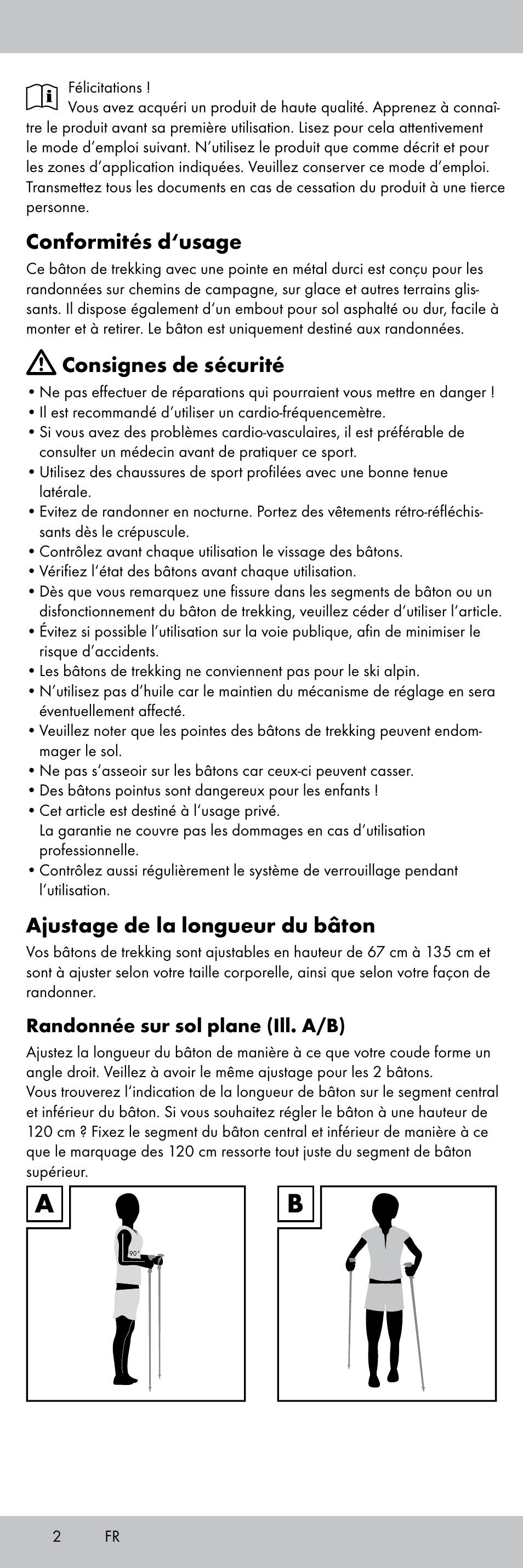 Conformités d‘usage, Consignes de sécurité, Ajustage de la longueur du bâton | Rocktrail Aluminium Hiking Poles User Manual | Page 2 / 20