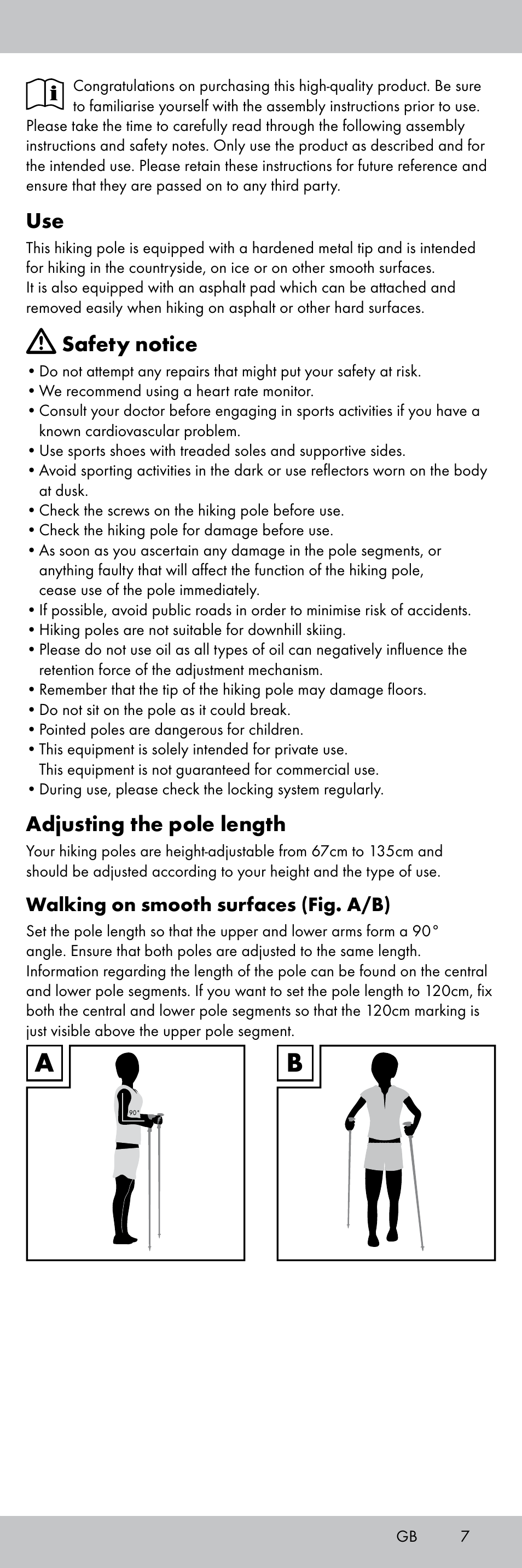 Safety notice, Adjusting the pole length | Rocktrail Aluminium Hiking Poles User Manual | Page 7 / 20