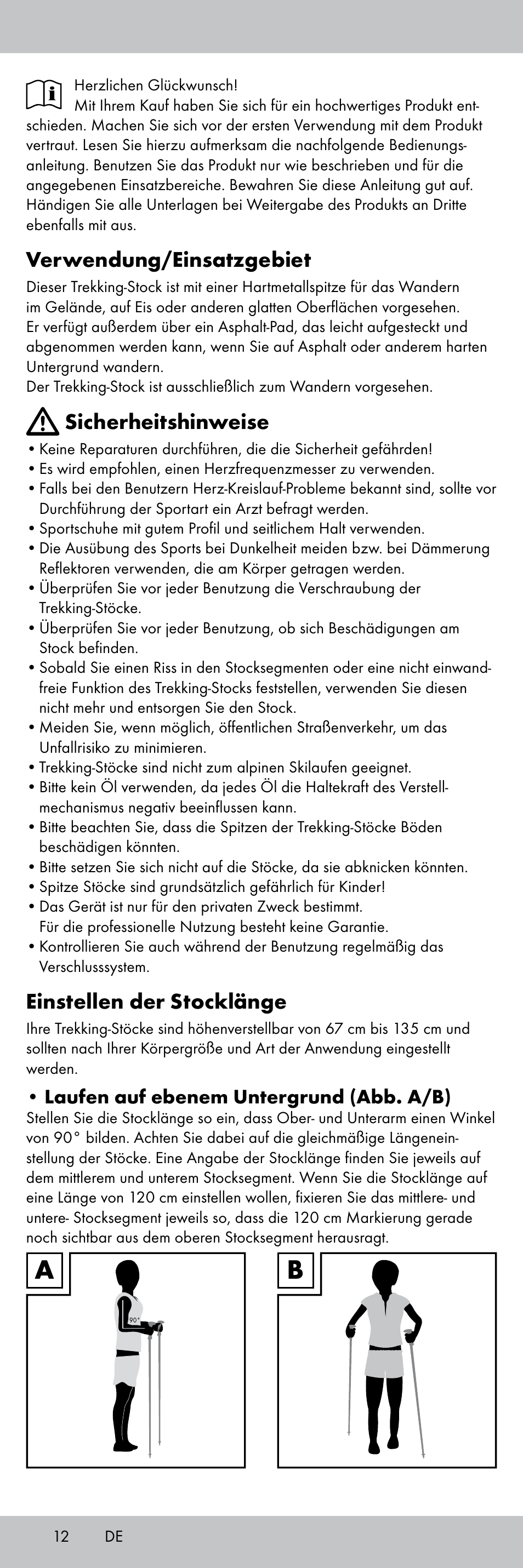 Verwendung/einsatzgebiet, Sicherheitshinweise, Einstellen der stocklänge | Rocktrail Aluminium Hiking Poles User Manual | Page 12 / 20