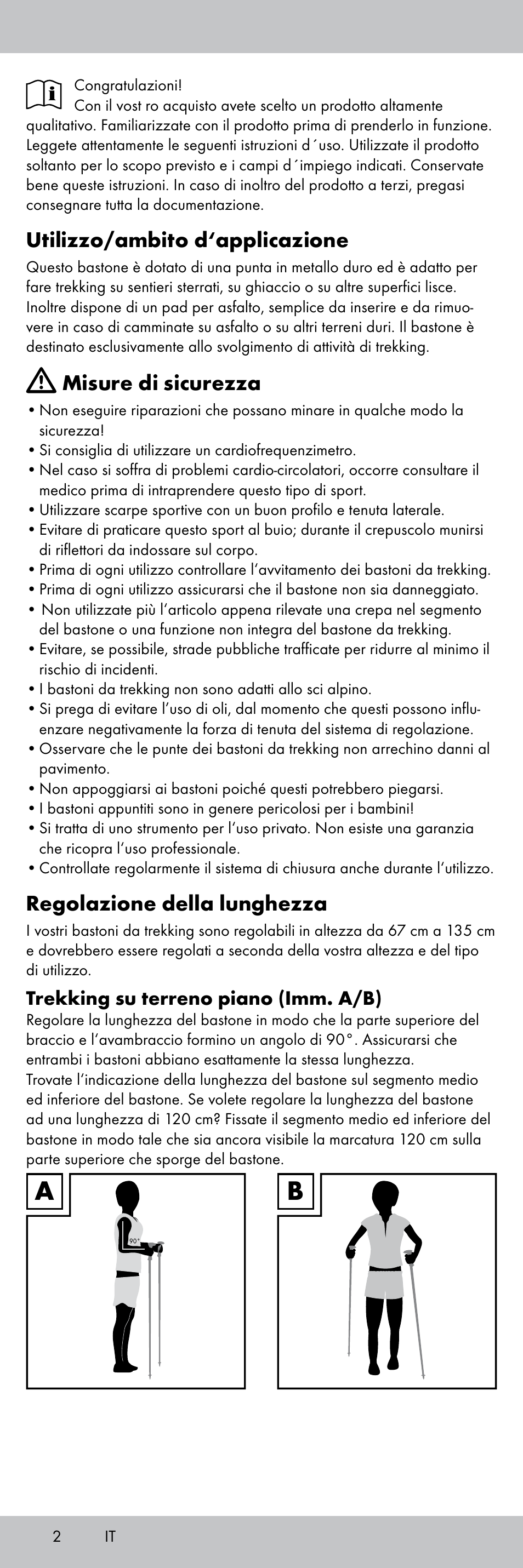 Utilizzo/ambito d‘applicazione, Misure di sicurezza, Regolazione della lunghezza | Rocktrail Aluminium Hiking Poles User Manual | Page 2 / 20