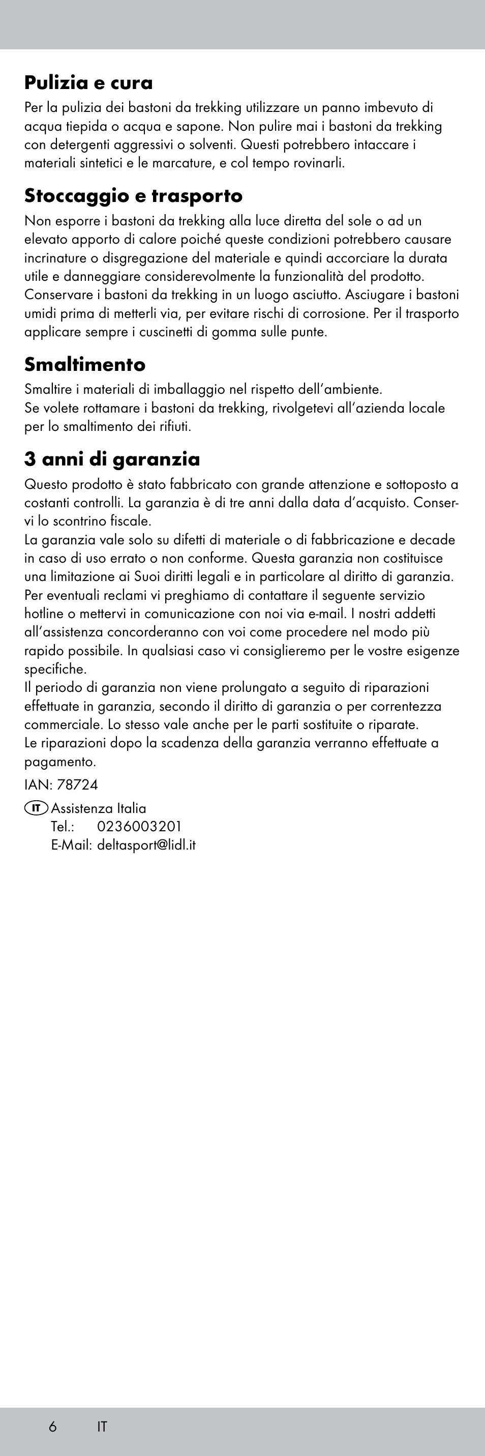 Pulizia e cura, Stoccaggio e trasporto, Smaltimento | 3 anni di garanzia | Rocktrail Aluminium Hiking Poles User Manual | Page 6 / 20