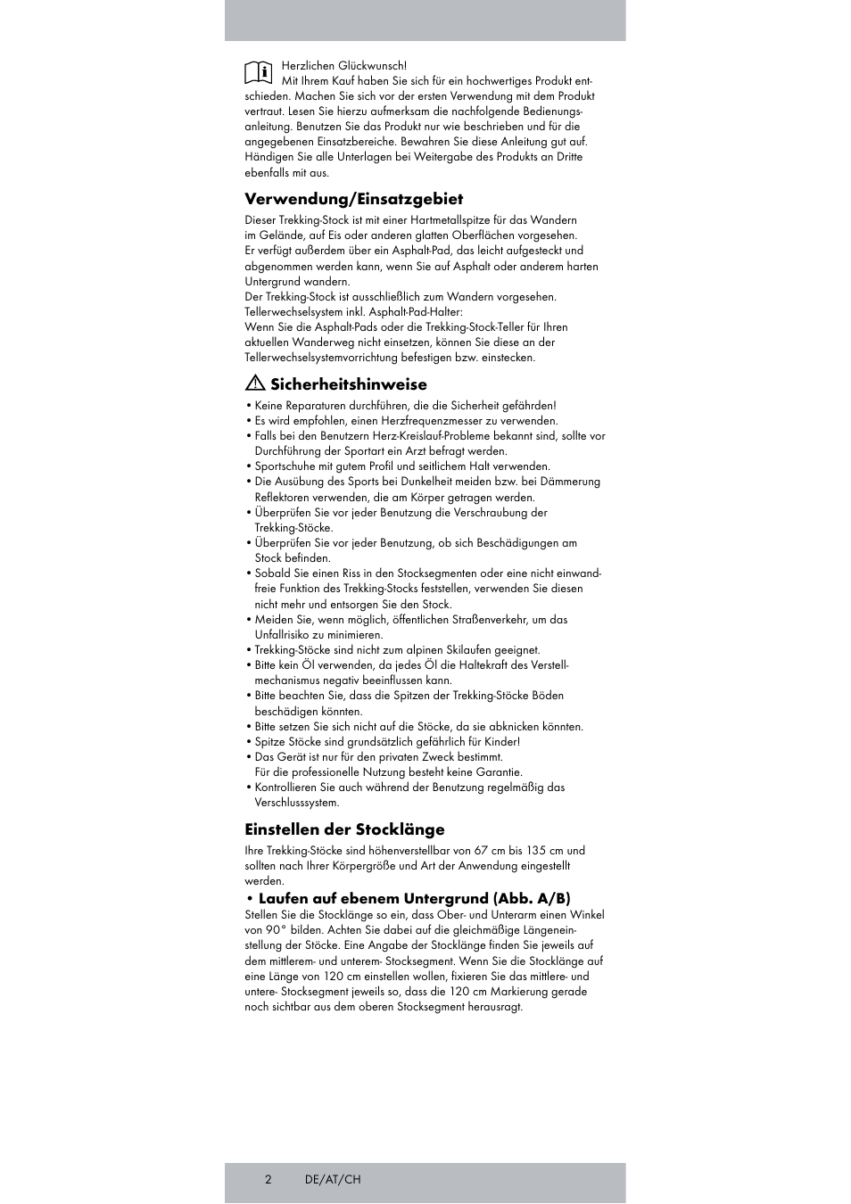 Verwendung/einsatzgebiet, Sicherheitshinweise, Einstellen der stocklänge | Rocktrail Carbon Hiking Poles User Manual | Page 2 / 24