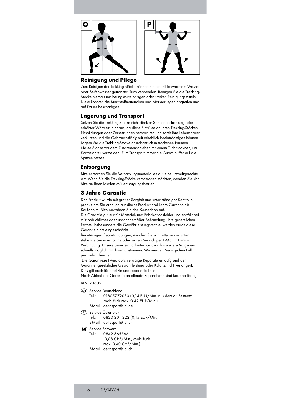 Reinigung und pﬂege, Lagerung und transport, Entsorgung | 3 jahre garantie | Rocktrail Carbon Hiking Poles User Manual | Page 6 / 24