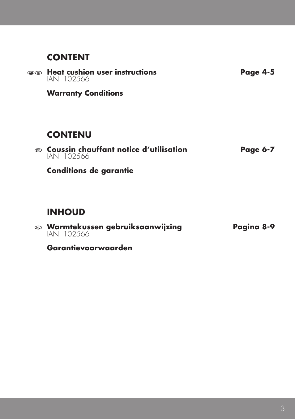 Content, Contenu, Inhoud | Sensiplast HEAT CUSHION User Manual | Page 3 / 12
