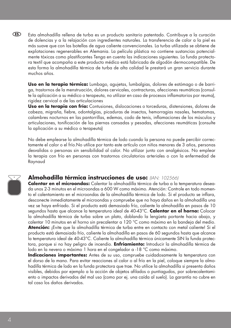 Almohadilla térmica instrucciones de uso | Sensiplast HEAT CUSHION User Manual | Page 4 / 12